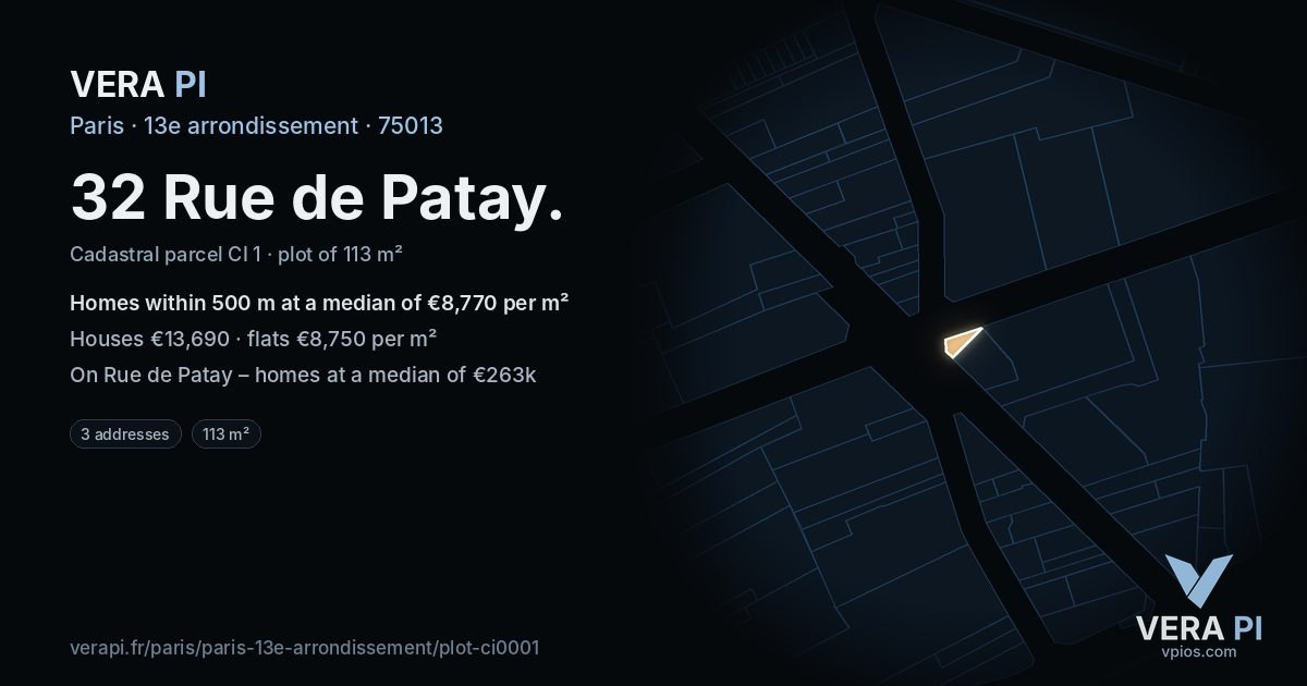 32 Rue de Patay, 13e arrondissement at night – the plot lit, the parcels around coloured by the prices near them