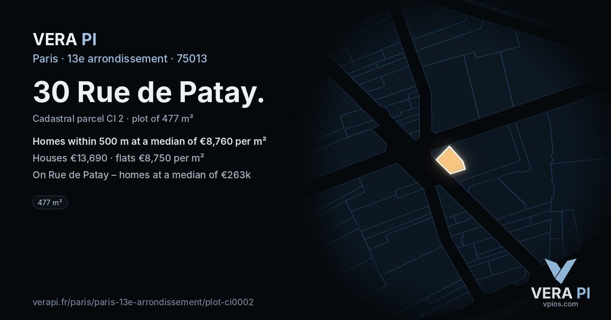 30 Rue de Patay, 13e arrondissement at night – the plot lit, the parcels around coloured by the prices near them
