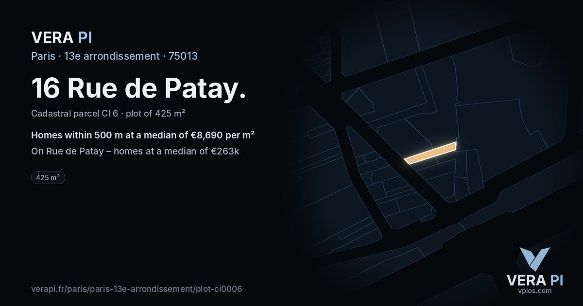 16 Rue de Patay, 13e arrondissement at night – the plot lit, the parcels around coloured by the prices near them