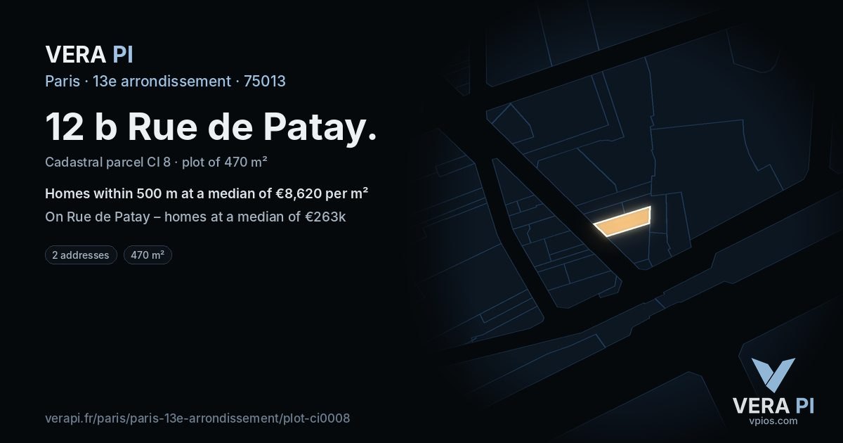 12 b Rue de Patay, 13e arrondissement at night – the plot lit, the parcels around coloured by the prices near them