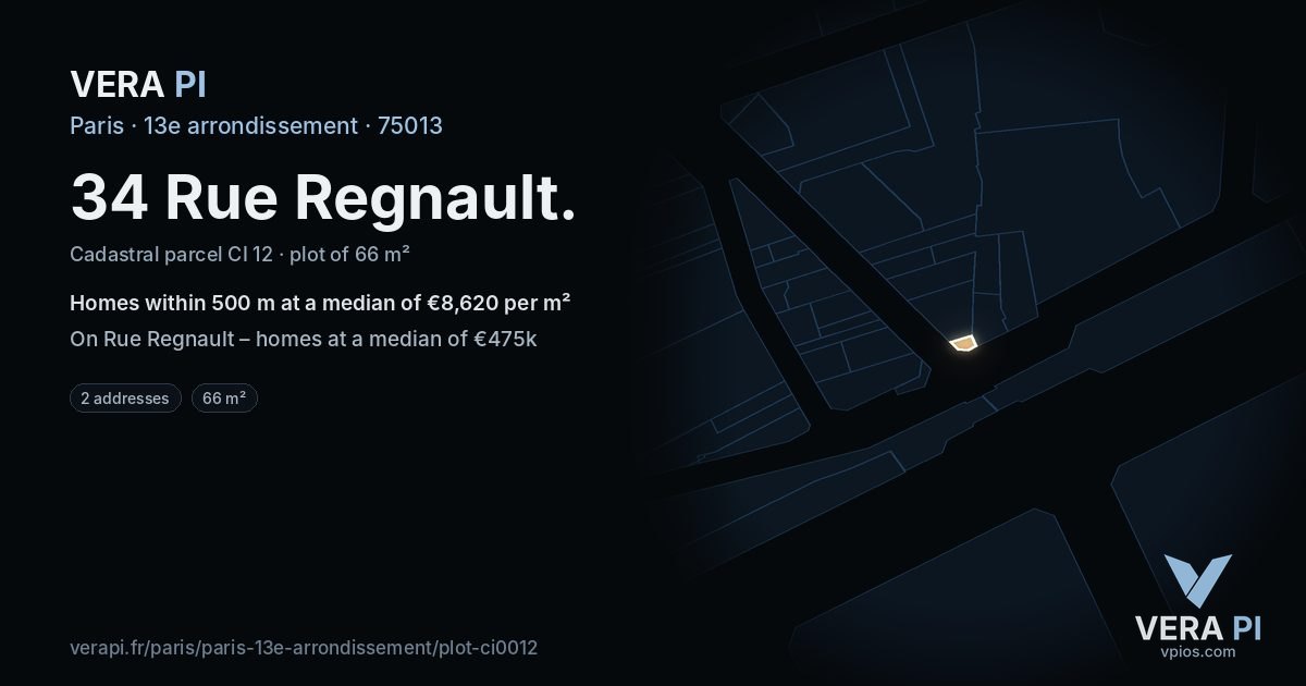 34 Rue Regnault, 13e arrondissement at night – the plot lit, the parcels around coloured by the prices near them
