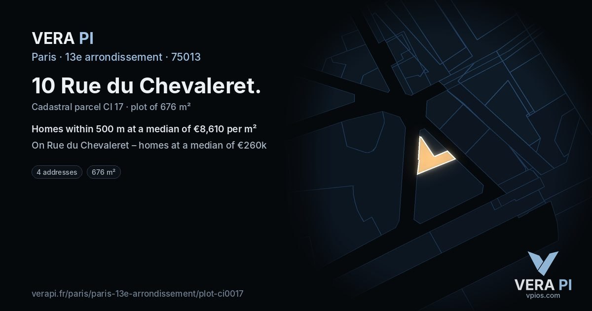 10 Rue du Chevaleret, 13e arrondissement at night – the plot lit, the parcels around coloured by the prices near them