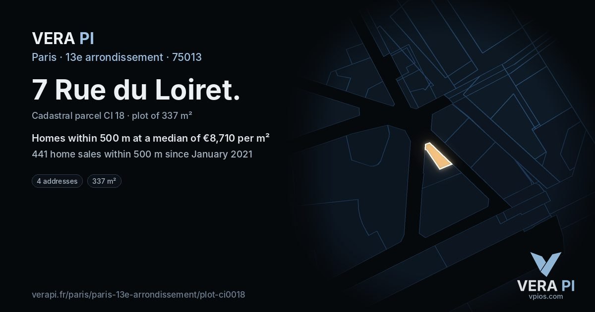 7 Rue du Loiret, 13e arrondissement at night – the plot lit, the parcels around coloured by the prices near them