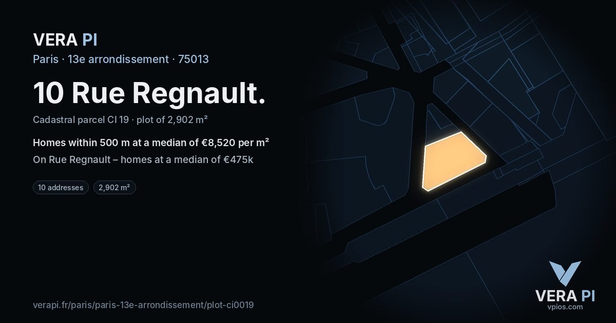 10 Rue Regnault, 13e arrondissement at night – the plot lit, the parcels around coloured by the prices near them