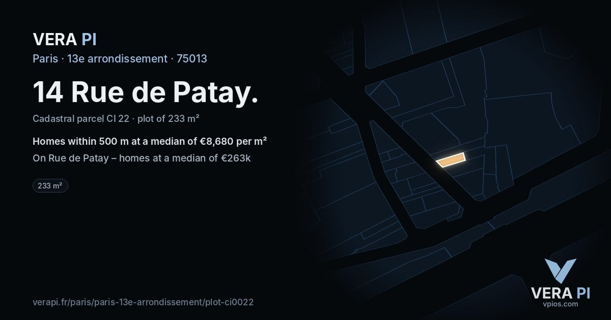 14 Rue de Patay, 13e arrondissement at night – the plot lit, the parcels around coloured by the prices near them