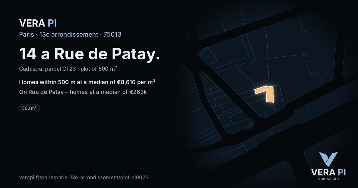 14 a Rue de Patay, 13e arrondissement at night – the plot lit, the parcels around coloured by the prices near them