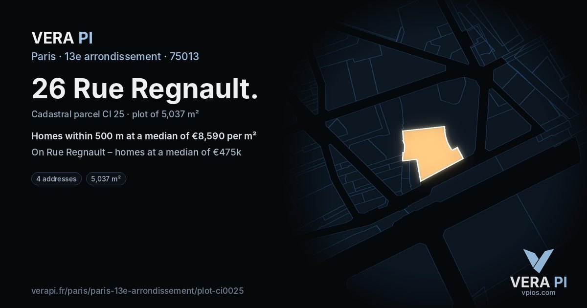 26 Rue Regnault, 13e arrondissement at night – the plot lit, the parcels around coloured by the prices near them