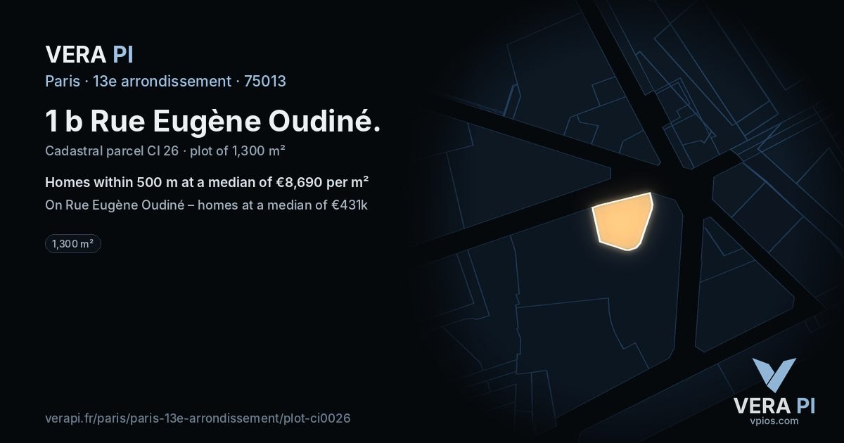 1 b Rue Eugène Oudiné, 13e arrondissement at night – the plot lit, the parcels around coloured by the prices near them