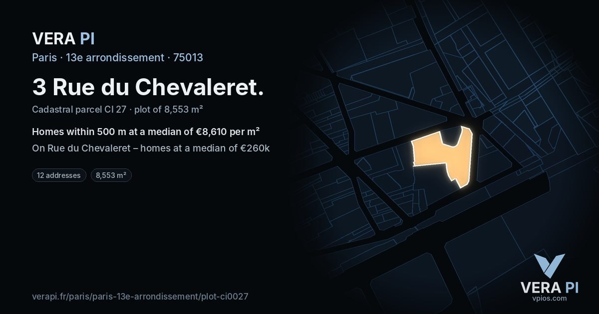 3 Rue du Chevaleret, 13e arrondissement at night – the plot lit, the parcels around coloured by the prices near them
