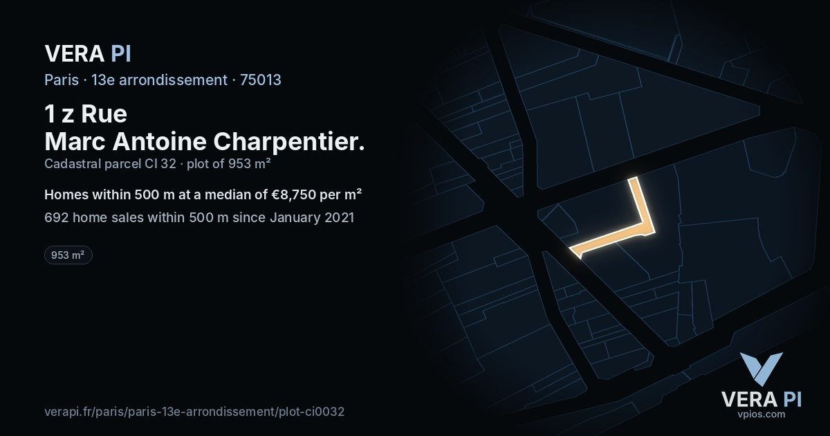 1 z Rue Marc Antoine Charpentier, 13e arrondissement at night – the plot lit, the parcels around coloured by the prices near them