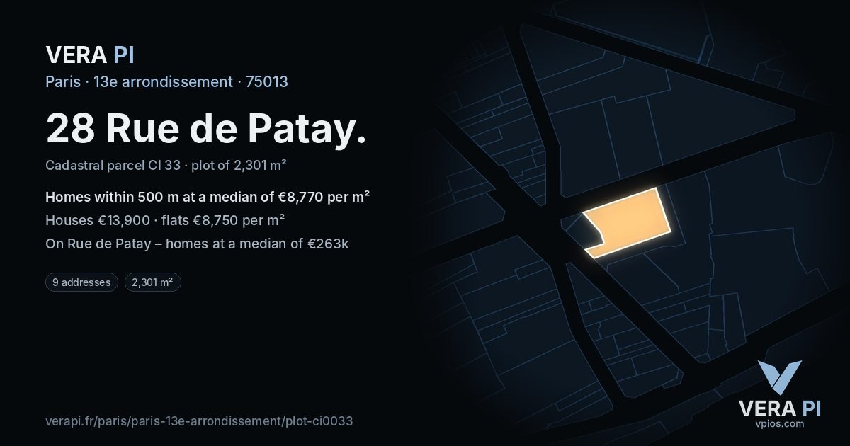 28 Rue de Patay, 13e arrondissement at night – the plot lit, the parcels around coloured by the prices near them