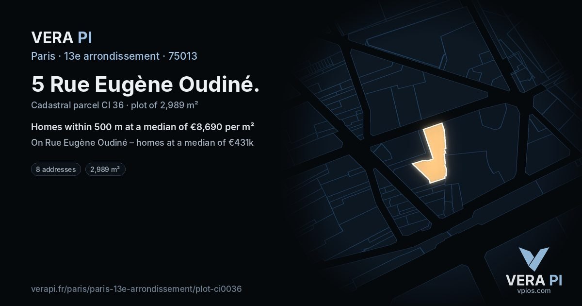 5 Rue Eugène Oudiné, 13e arrondissement at night – the plot lit, the parcels around coloured by the prices near them