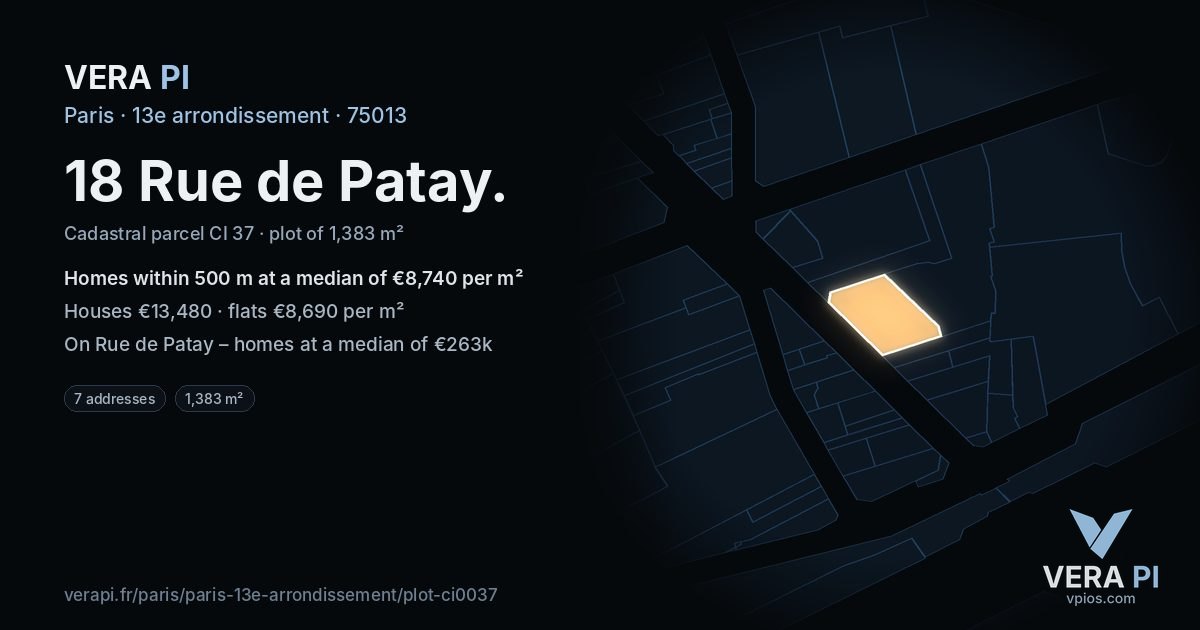 18 Rue de Patay, 13e arrondissement at night – the plot lit, the parcels around coloured by the prices near them