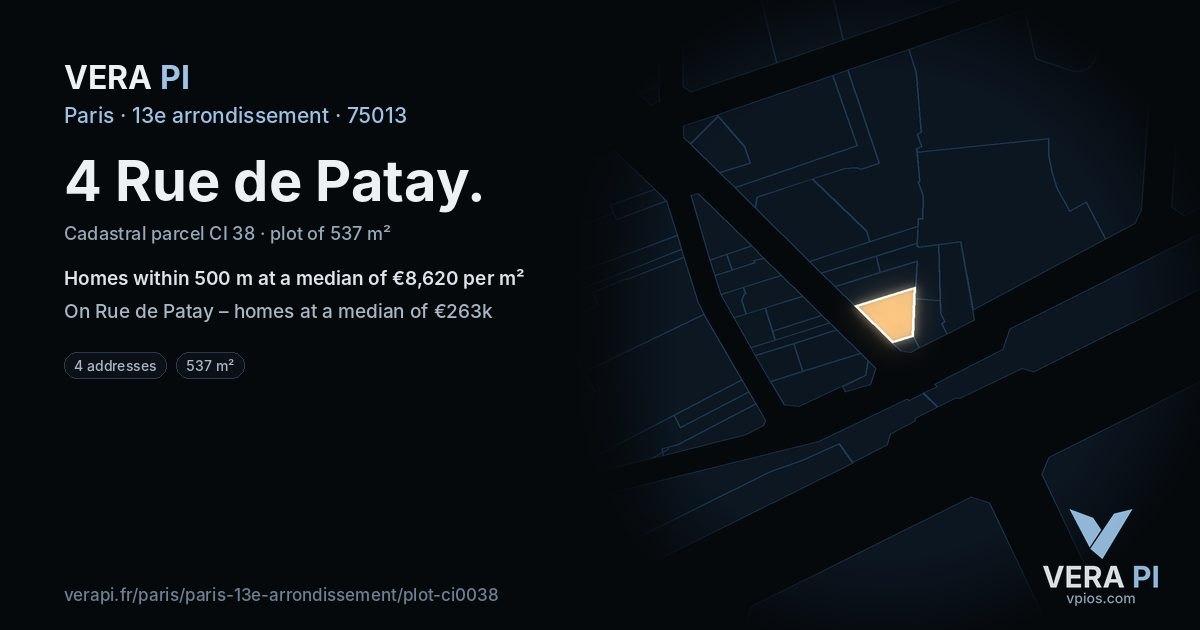 4 Rue de Patay, 13e arrondissement at night – the plot lit, the parcels around coloured by the prices near them