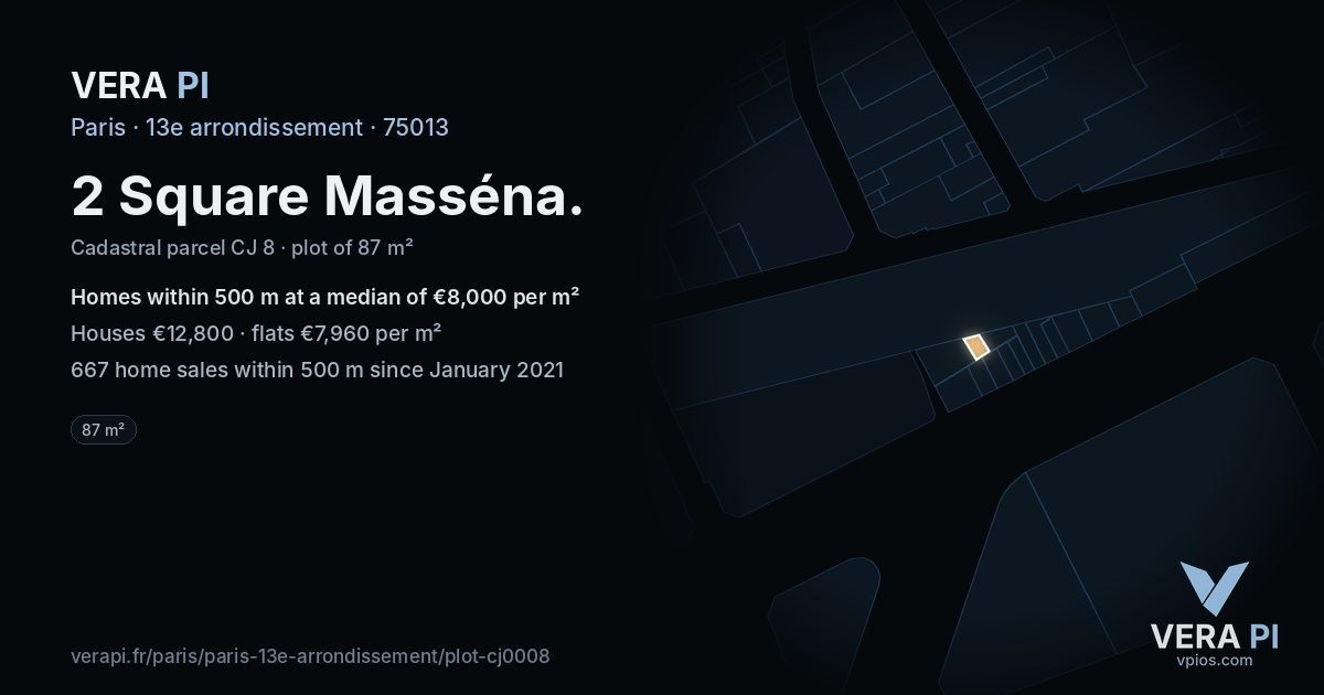 2 Square Masséna, 13e arrondissement at night – the plot lit, the parcels around coloured by the prices near them