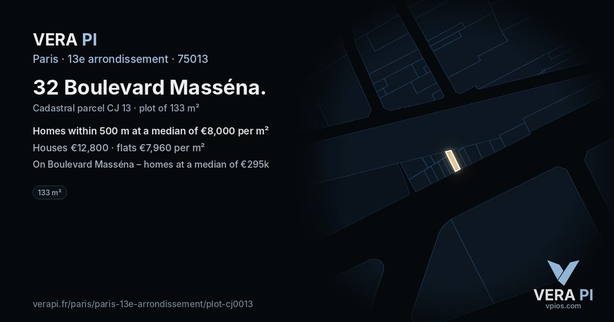 32 Boulevard Masséna, 13e arrondissement at night – the plot lit, the parcels around coloured by the prices near them
