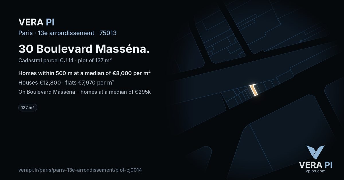 30 Boulevard Masséna, 13e arrondissement at night – the plot lit, the parcels around coloured by the prices near them