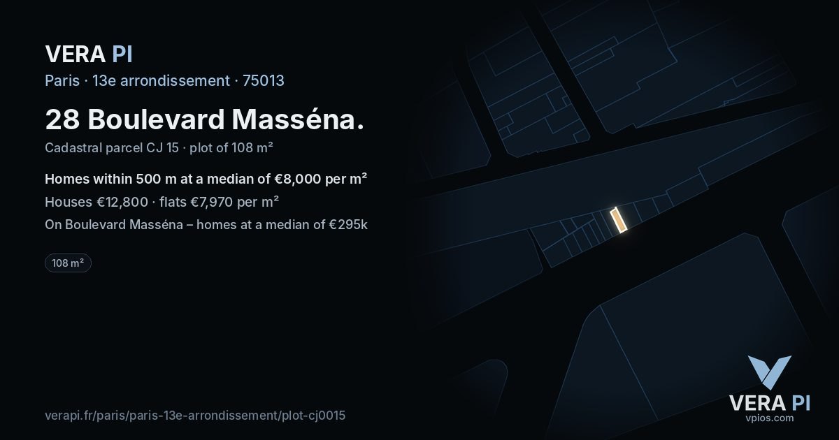 28 Boulevard Masséna, 13e arrondissement at night – the plot lit, the parcels around coloured by the prices near them
