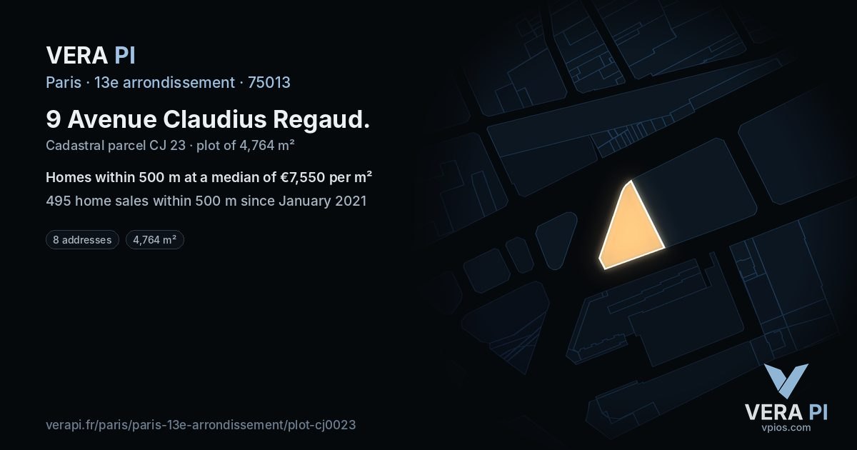 9 Avenue Claudius Regaud, 13e arrondissement at night – the plot lit, the parcels around coloured by the prices near them