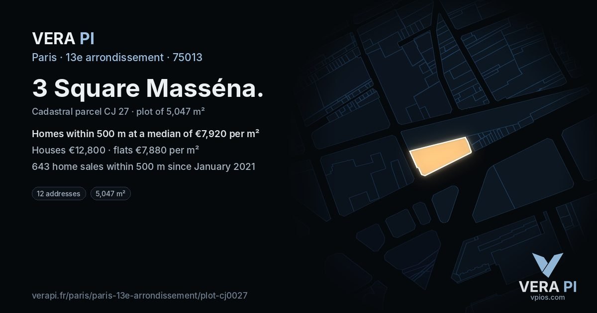 3 Square Masséna, 13e arrondissement at night – the plot lit, the parcels around coloured by the prices near them