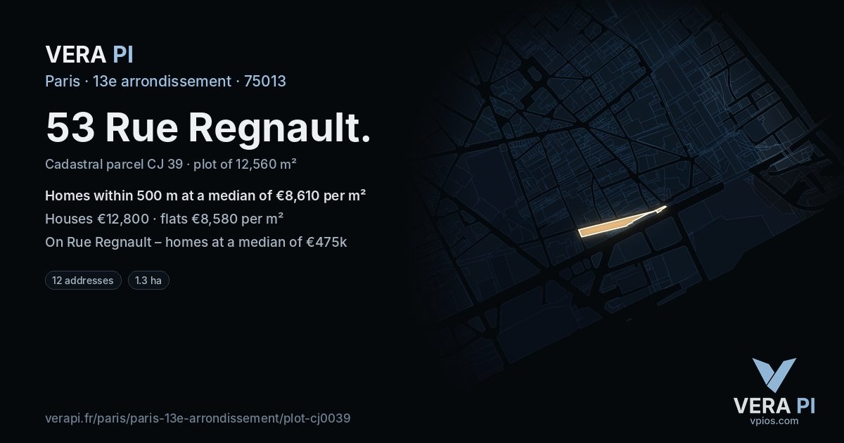 53 Rue Regnault, 13e arrondissement at night – the plot lit, the parcels around coloured by the prices near them