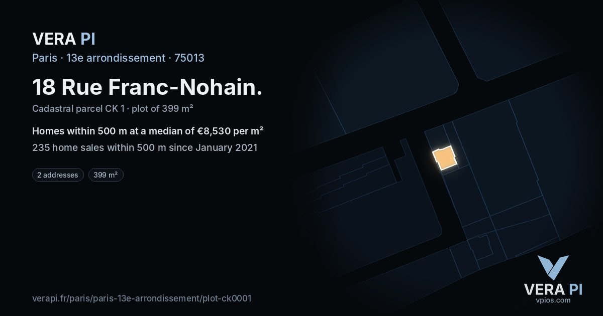 18 Rue Franc-Nohain, 13e arrondissement at night – the plot lit, the parcels around coloured by the prices near them