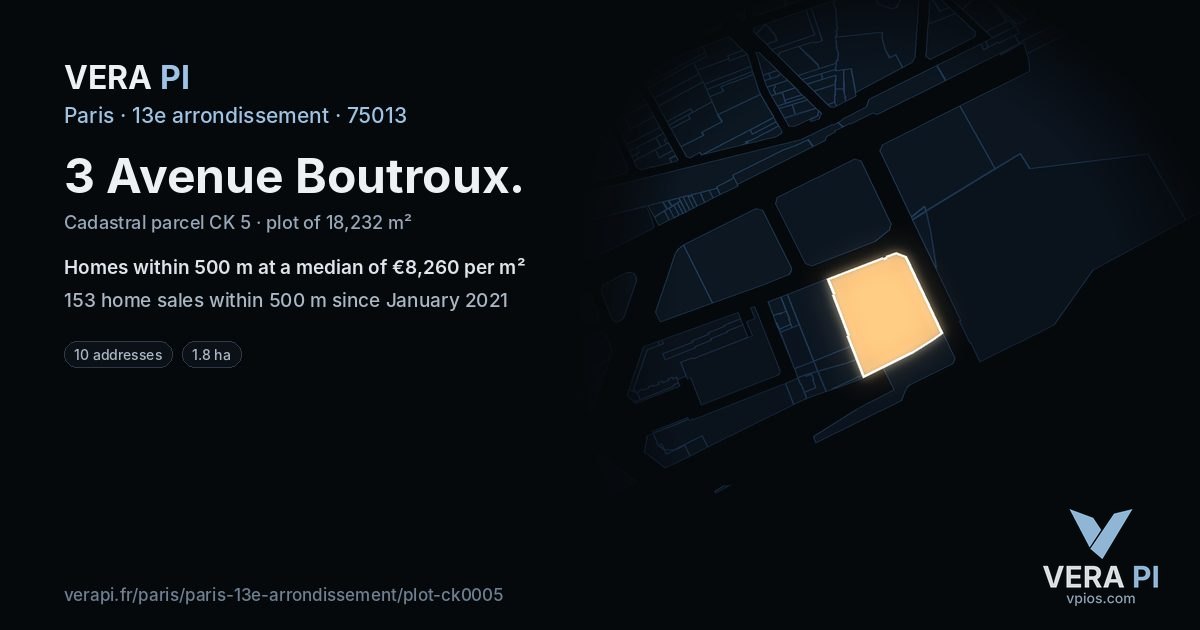 3 Avenue Boutroux, 13e arrondissement at night – the plot lit, the parcels around coloured by the prices near them