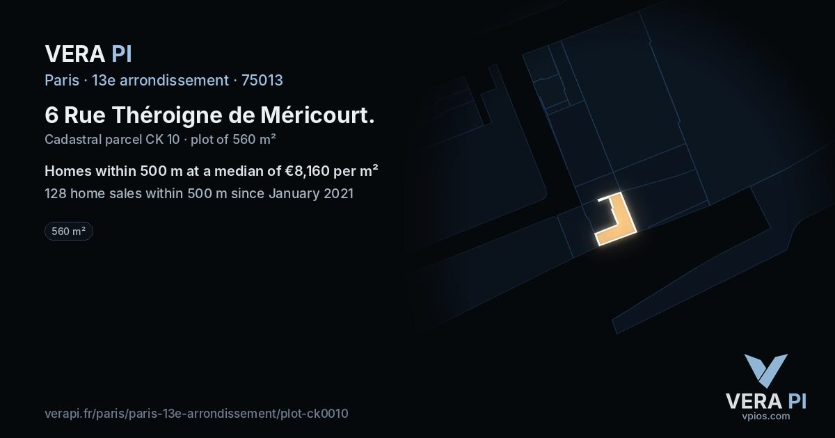 6 Rue Théroigne de Méricourt, 13e arrondissement at night – the plot lit, the parcels around coloured by the prices near them