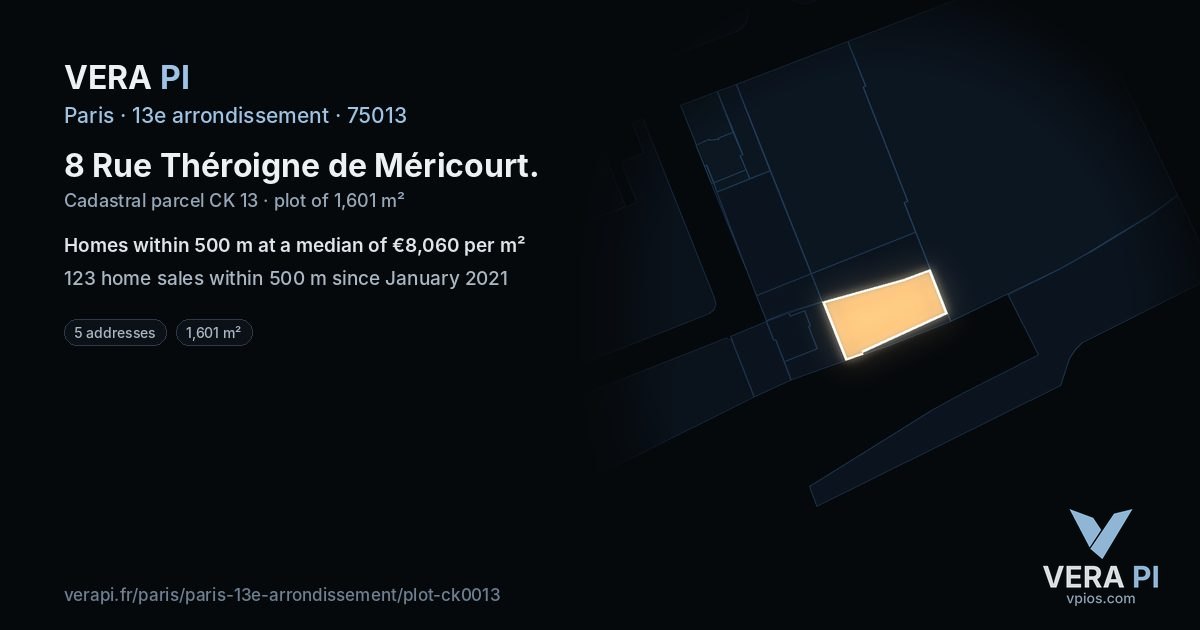 8 Rue Théroigne de Méricourt, 13e arrondissement at night – the plot lit, the parcels around coloured by the prices near them