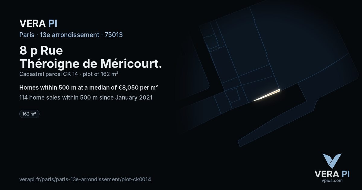 8 p Rue Théroigne de Méricourt, 13e arrondissement at night – the plot lit, the parcels around coloured by the prices near them