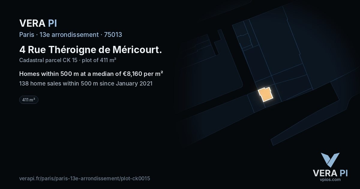 4 Rue Théroigne de Méricourt, 13e arrondissement at night – the plot lit, the parcels around coloured by the prices near them