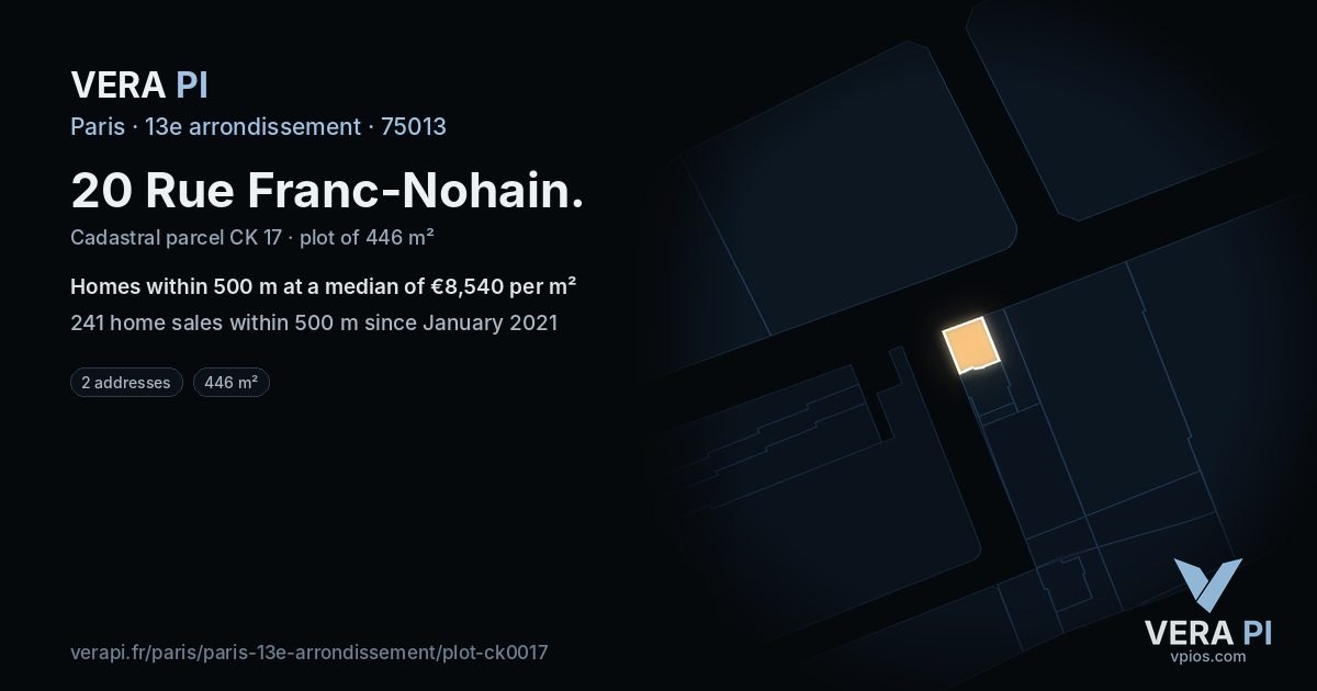 20 Rue Franc-Nohain, 13e arrondissement at night – the plot lit, the parcels around coloured by the prices near them
