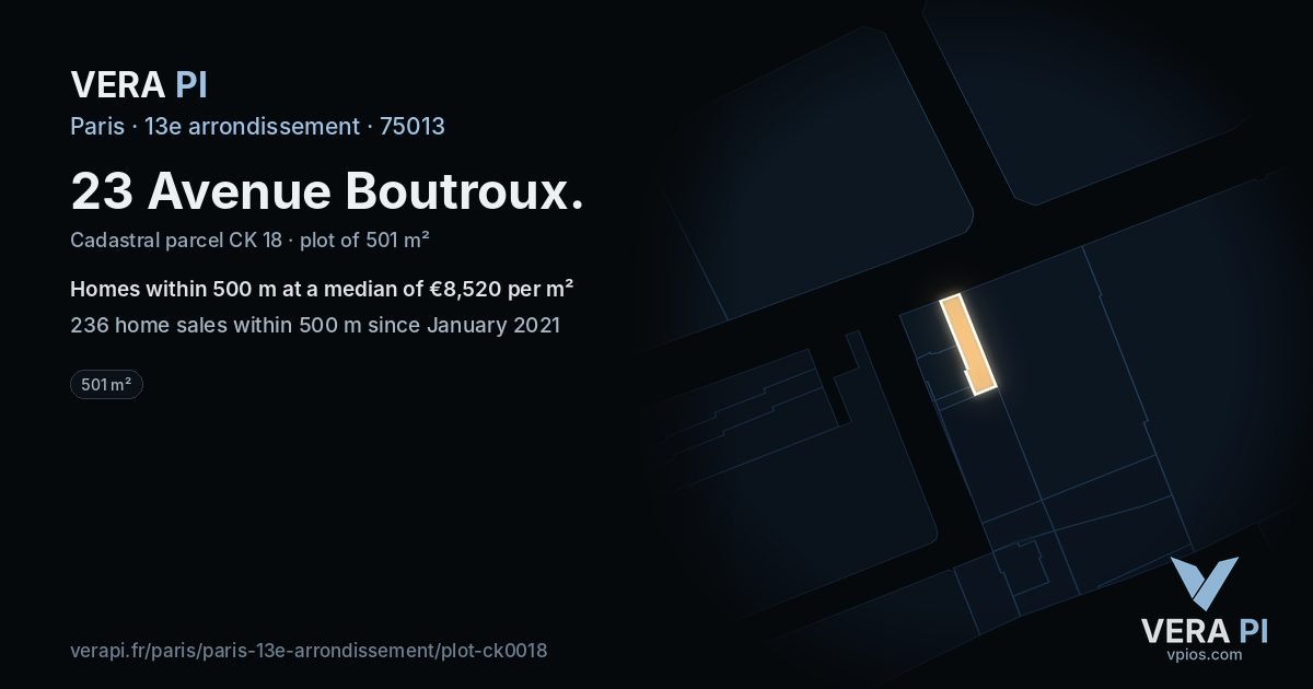 23 Avenue Boutroux, 13e arrondissement at night – the plot lit, the parcels around coloured by the prices near them