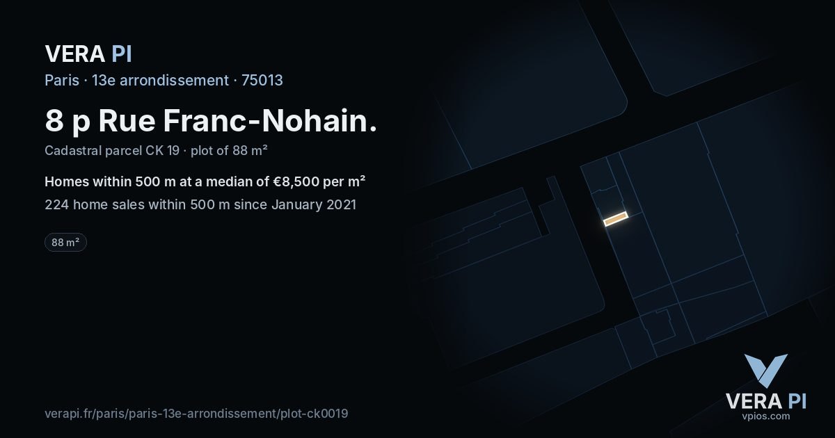 8 p Rue Franc-Nohain, 13e arrondissement at night – the plot lit, the parcels around coloured by the prices near them