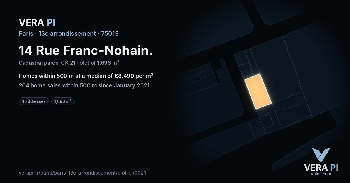 14 Rue Franc-Nohain, 13e arrondissement at night – the plot lit, the parcels around coloured by the prices near them