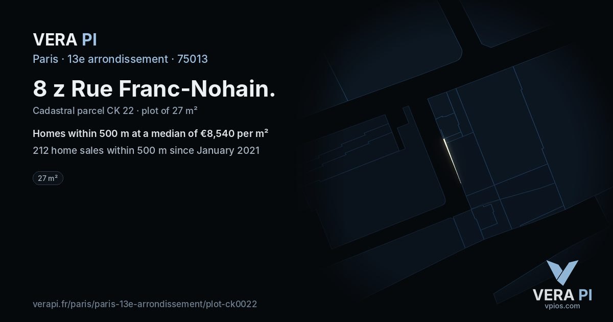 8 z Rue Franc-Nohain, 13e arrondissement at night – the plot lit, the parcels around coloured by the prices near them