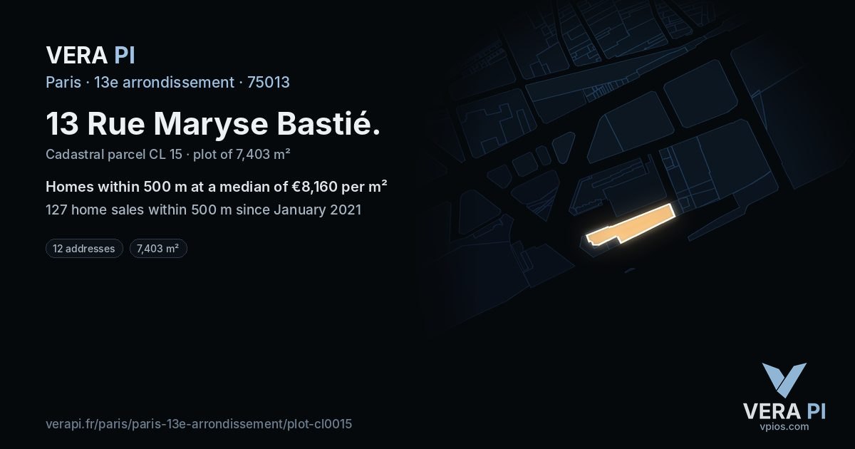 13 Rue Maryse Bastié, 13e arrondissement at night – the plot lit, the parcels around coloured by the prices near them