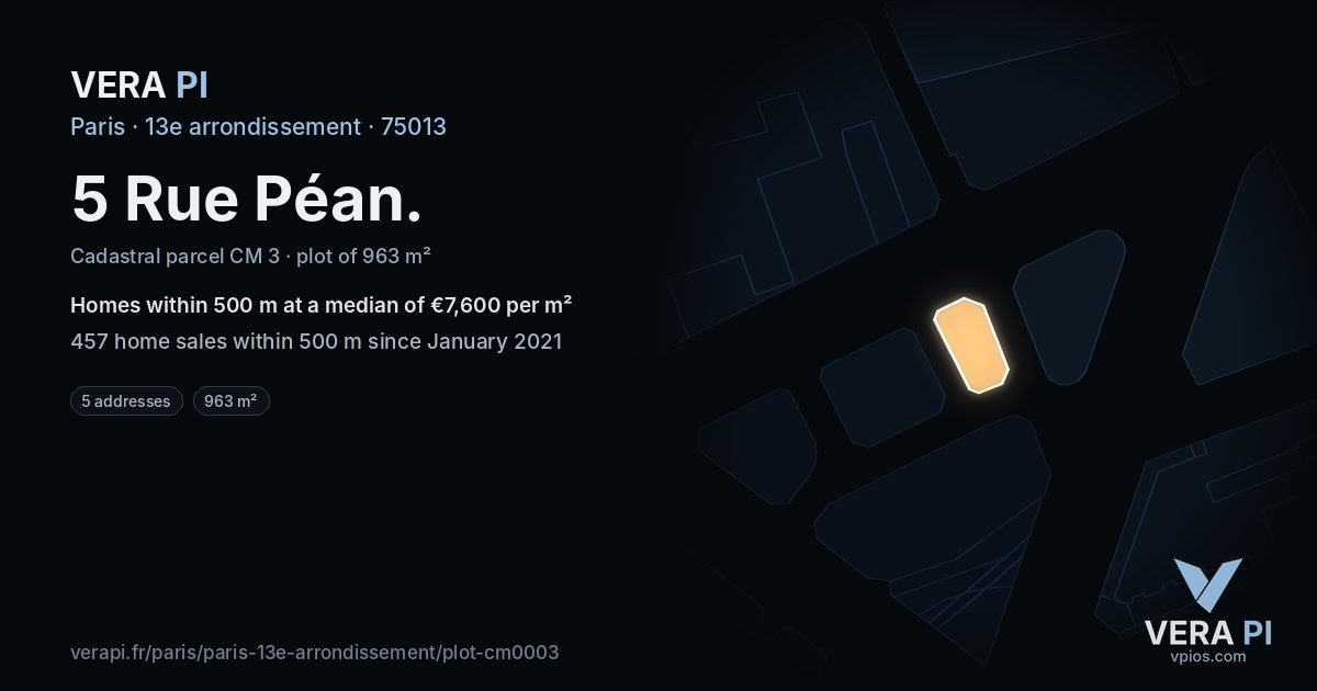 5 Rue Péan, 13e arrondissement at night – the plot lit, the parcels around coloured by the prices near them