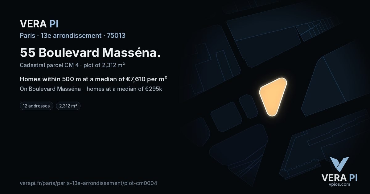 55 Boulevard Masséna, 13e arrondissement at night – the plot lit, the parcels around coloured by the prices near them