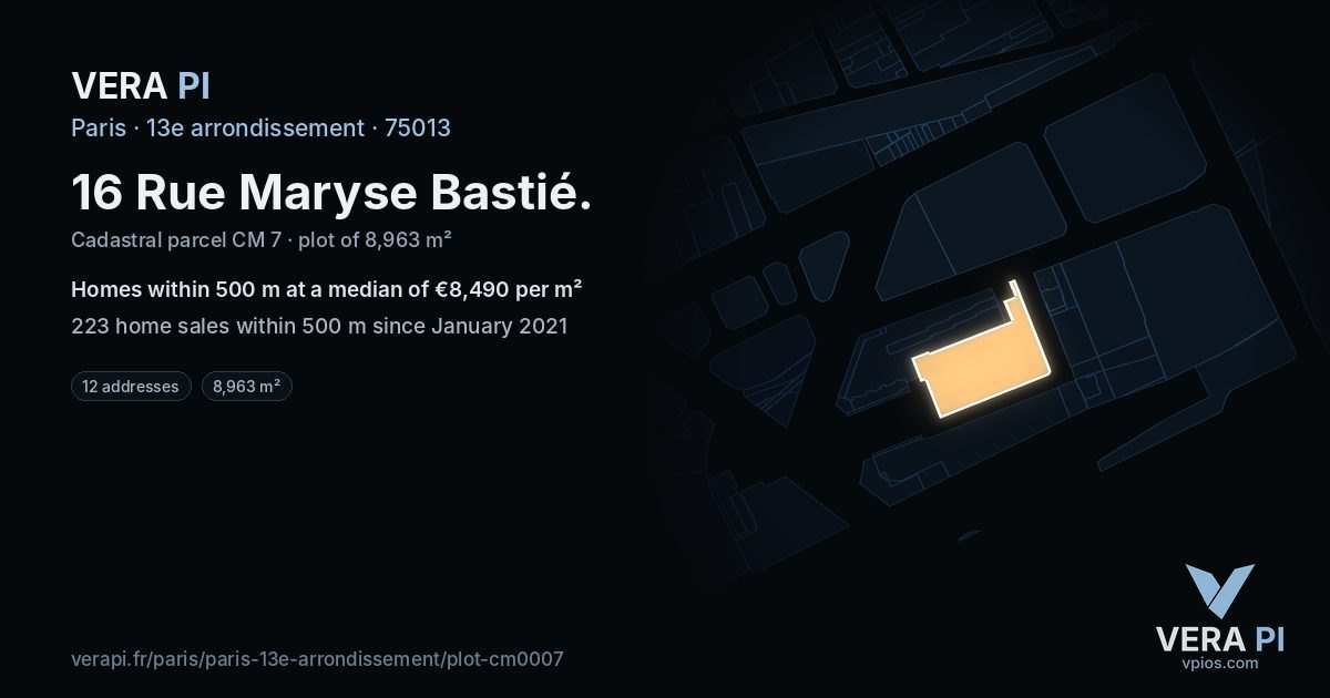 16 Rue Maryse Bastié, 13e arrondissement at night – the plot lit, the parcels around coloured by the prices near them