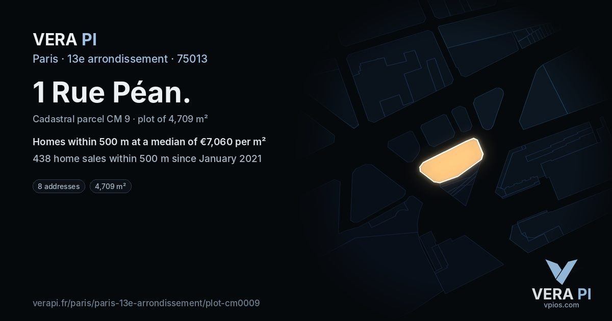 1 Rue Péan, 13e arrondissement at night – the plot lit, the parcels around coloured by the prices near them