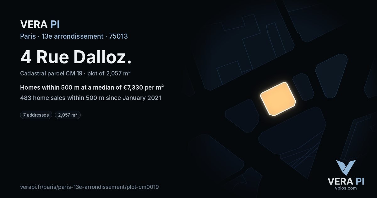 4 Rue Dalloz, 13e arrondissement at night – the plot lit, the parcels around coloured by the prices near them