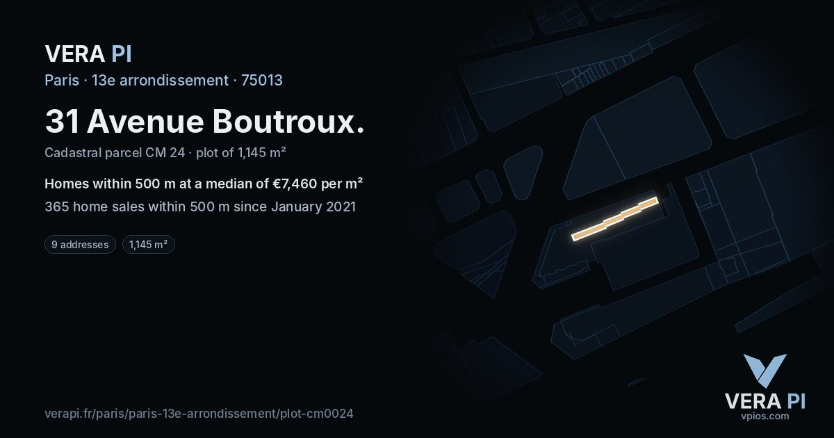 31 Avenue Boutroux, 13e arrondissement at night – the plot lit, the parcels around coloured by the prices near them