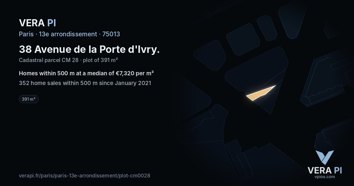 38 Avenue de la Porte d'Ivry, 13e arrondissement at night – the plot lit, the parcels around coloured by the prices near them