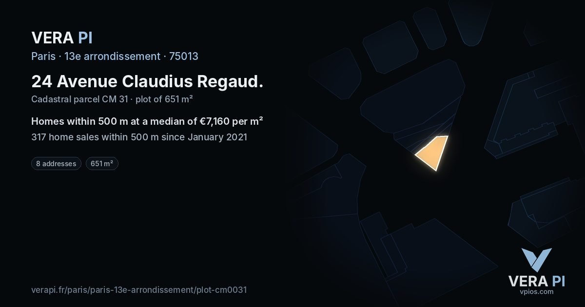 24 Avenue Claudius Regaud, 13e arrondissement at night – the plot lit, the parcels around coloured by the prices near them