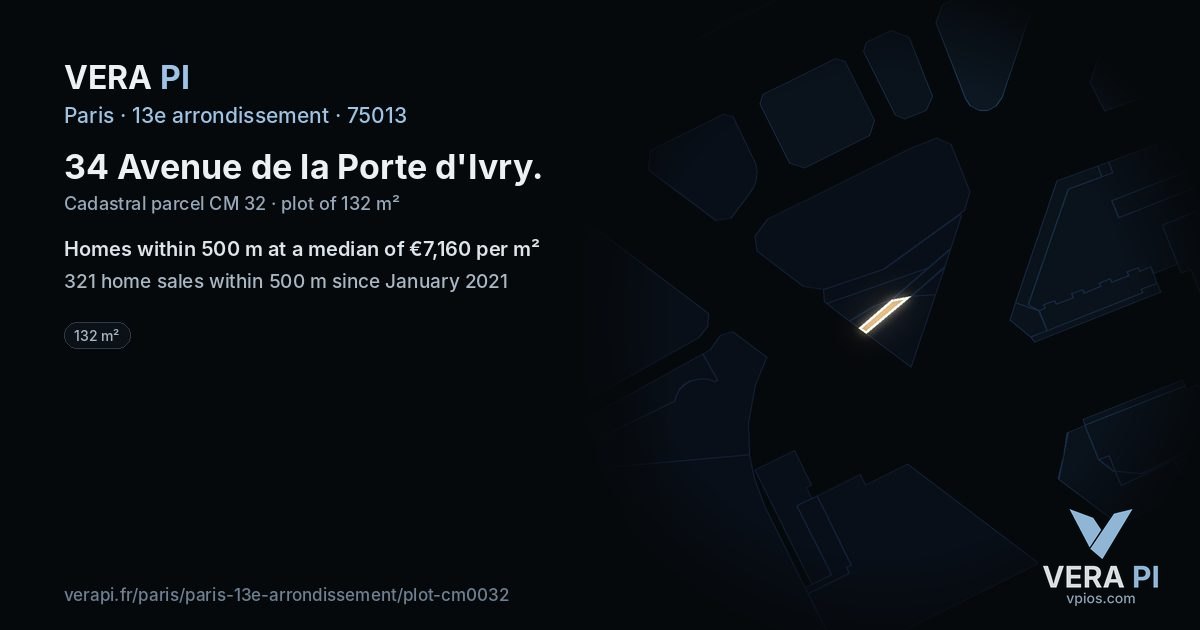34 Avenue de la Porte d'Ivry, 13e arrondissement at night – the plot lit, the parcels around coloured by the prices near them