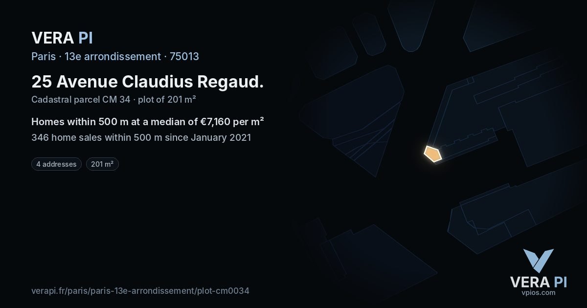 25 Avenue Claudius Regaud, 13e arrondissement at night – the plot lit, the parcels around coloured by the prices near them