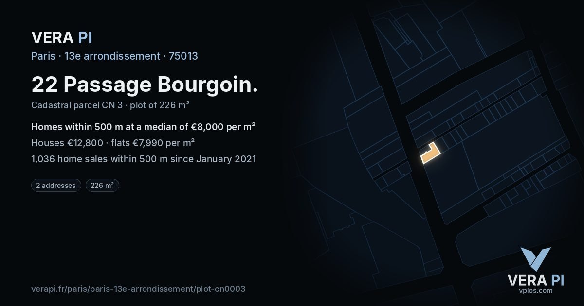 22 Passage Bourgoin, 13e arrondissement at night – the plot lit, the parcels around coloured by the prices near them
