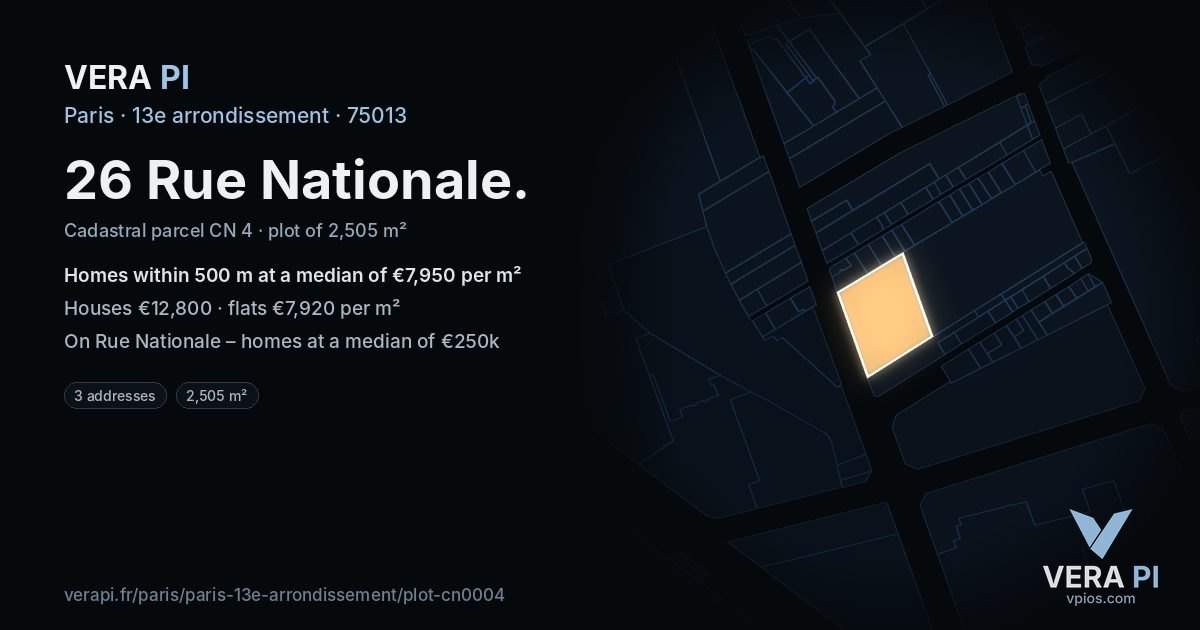 26 Rue Nationale, 13e arrondissement at night – the plot lit, the parcels around coloured by the prices near them