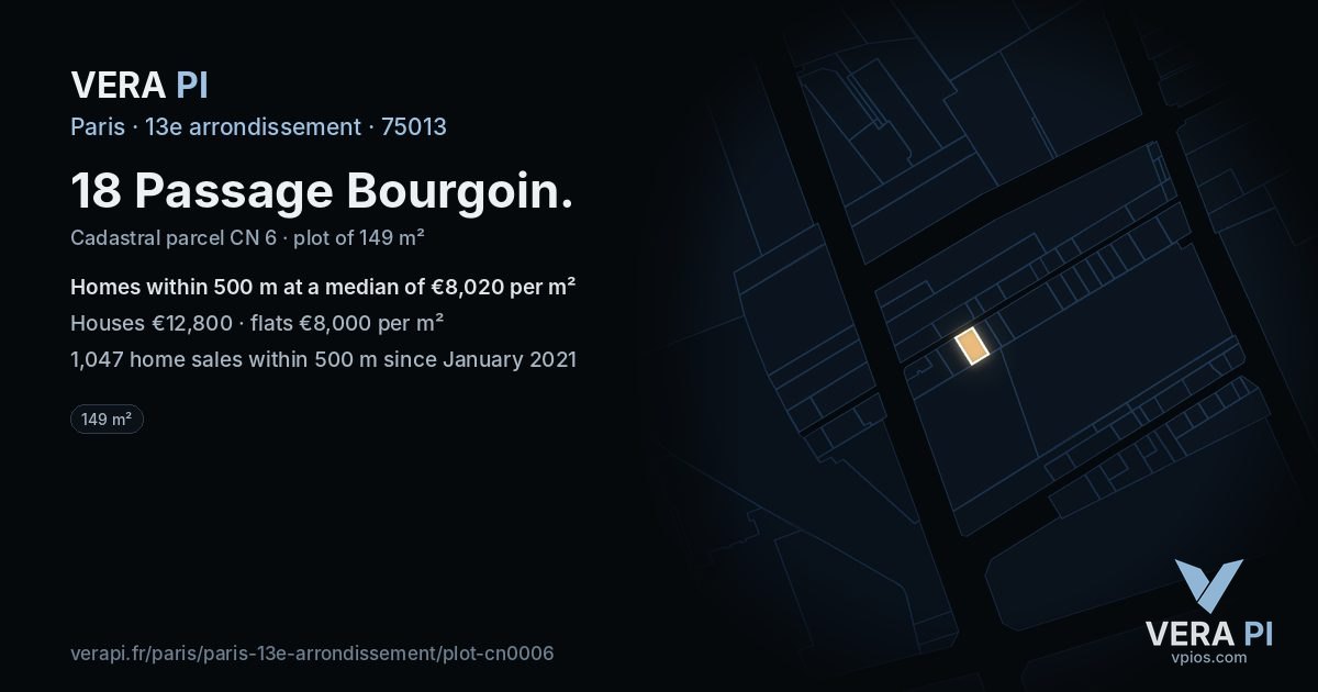 18 Passage Bourgoin, 13e arrondissement at night – the plot lit, the parcels around coloured by the prices near them